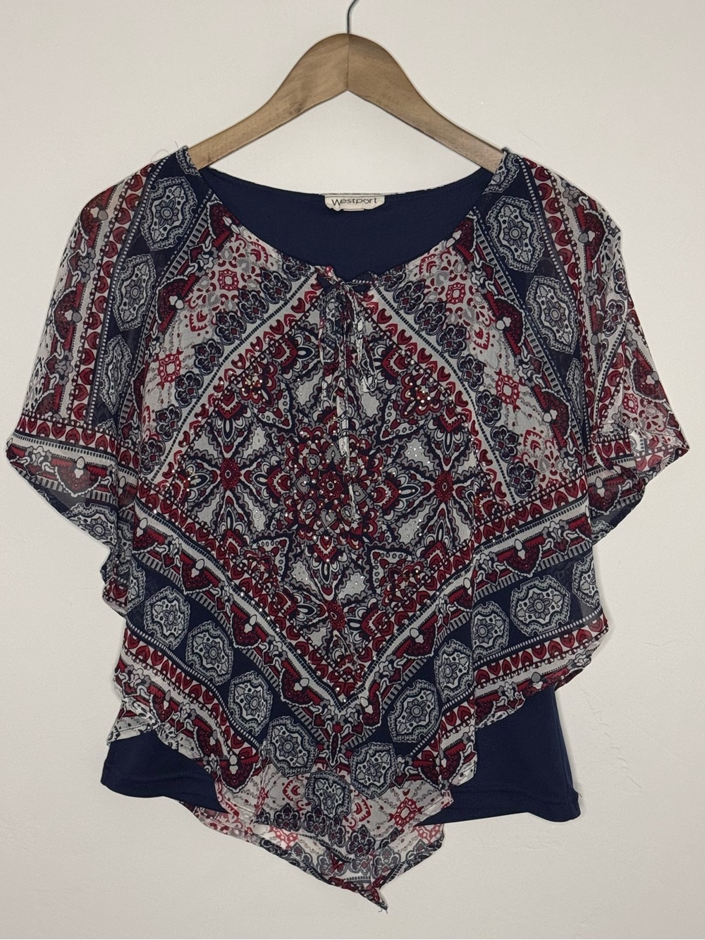 Westport Navy & Red Paisley Handkerchief Hem Blouse Boho Sequins Size XS